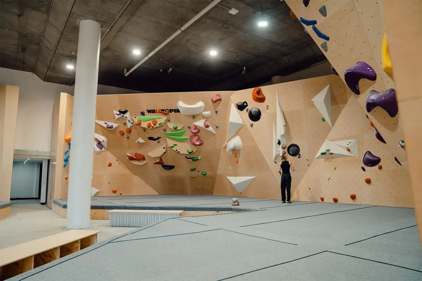 Interior of NOMAD Bouldering Gym featuring colorful climbing walls, modern facilities, and active climbers. A great example of how professional photography can elevate a Google Business Profile, boost local SEO, and attract more visitors searching for bouldering experiences.