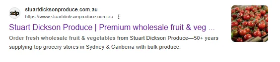 Screenshot of Stuart Dickson Produce's homepage meta title and description, an example of clear and effective SEO. It’s concise, includes relevant keywords like ‘wholesale produce’, making it both search-friendly and customer-focused.