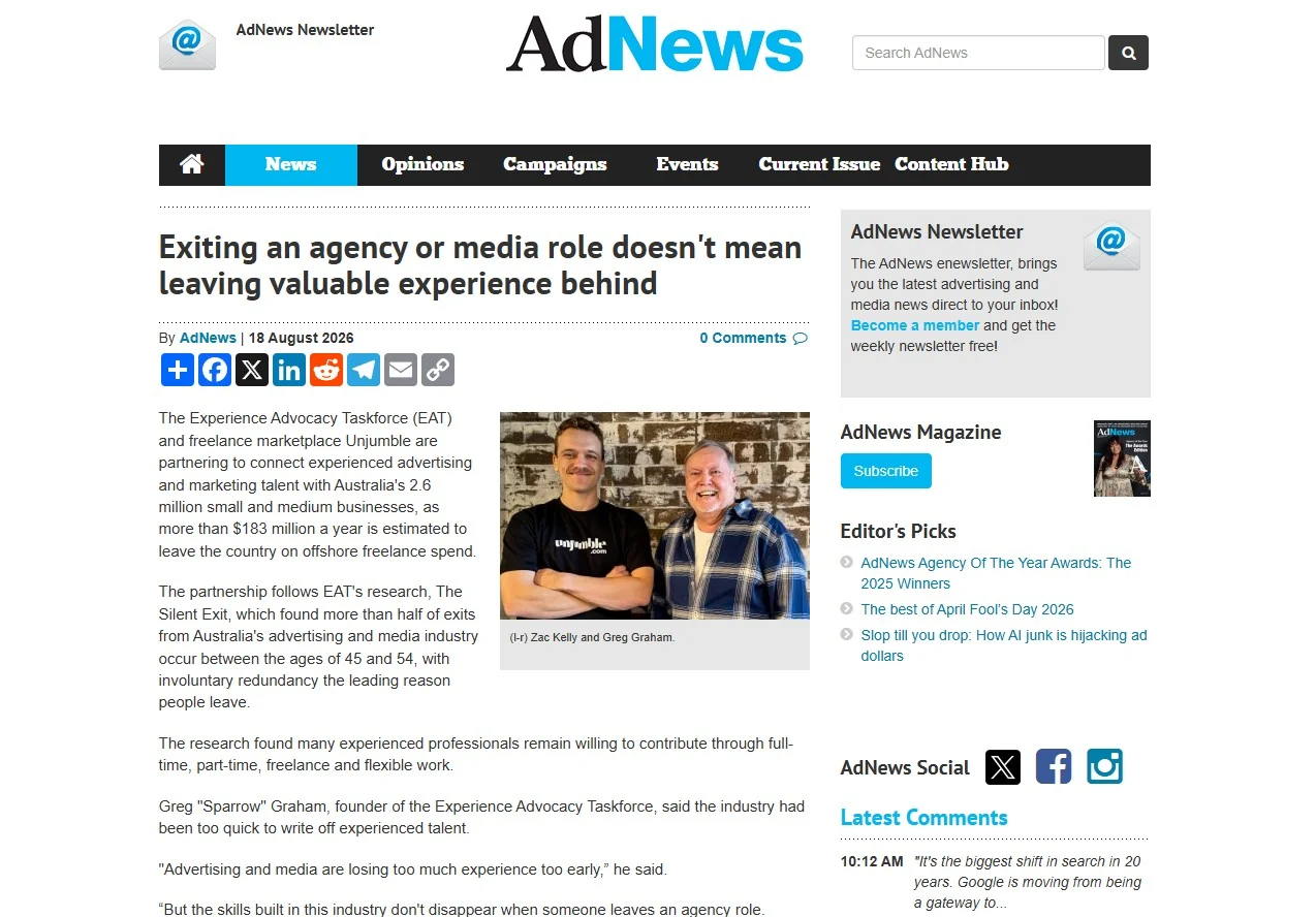 The AdNews article on the partnership, headlined "Exiting an agency or media role doesn't mean leaving valuable experience behind"